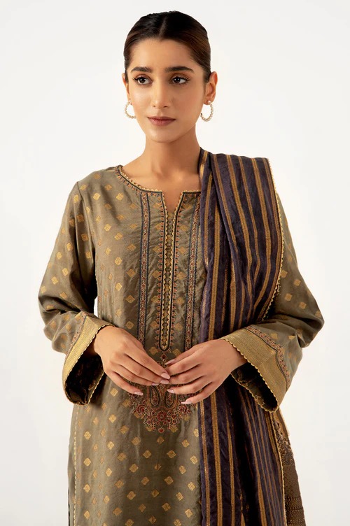 Stitched 3 Piece jacquard Embroidered Suit
